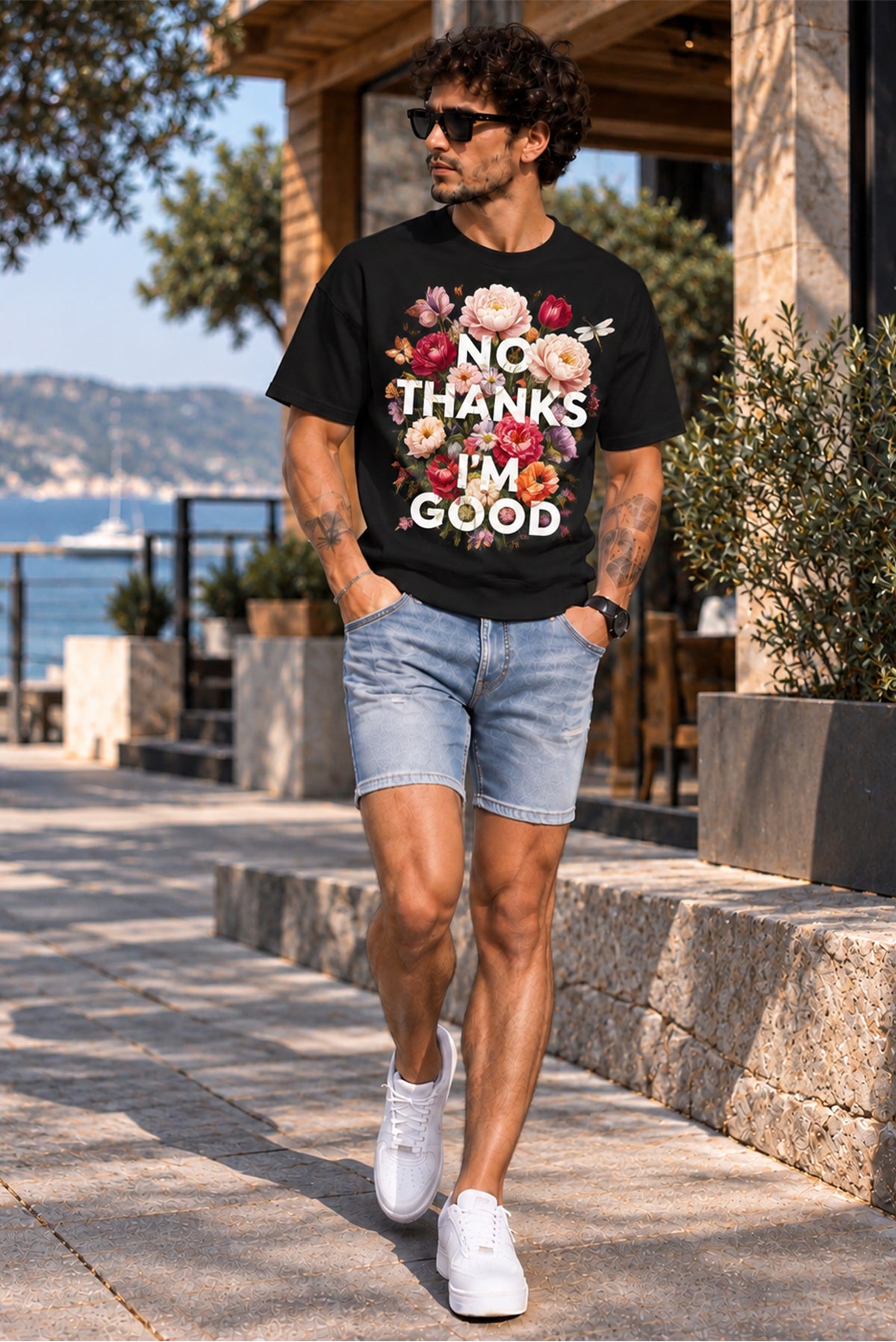 No Thanks I’m Good Floral Oversize Tişört